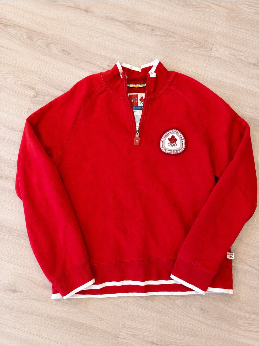 Women’s Red Half-Zip Crewneck Sweater with Crest Patch